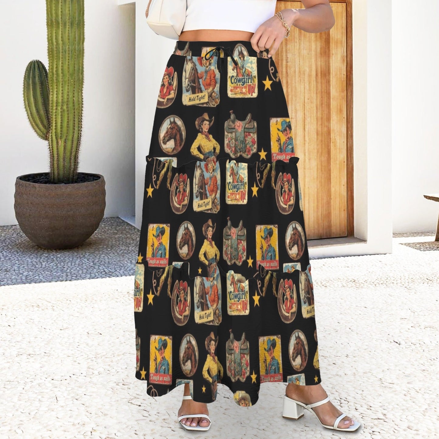 Baha Ranch Vintage Cowgirl Collage Western Tiered Prairie Maxi Skirt - Baha Ranch Western Wear - Flyclothing LLC