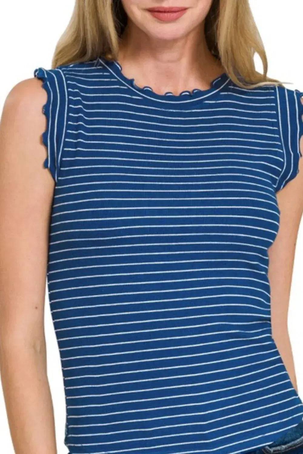 Zenana Ribbed Ruffle Trim Sleeveless Stripe Top - Trendsi - Flyclothing LLC