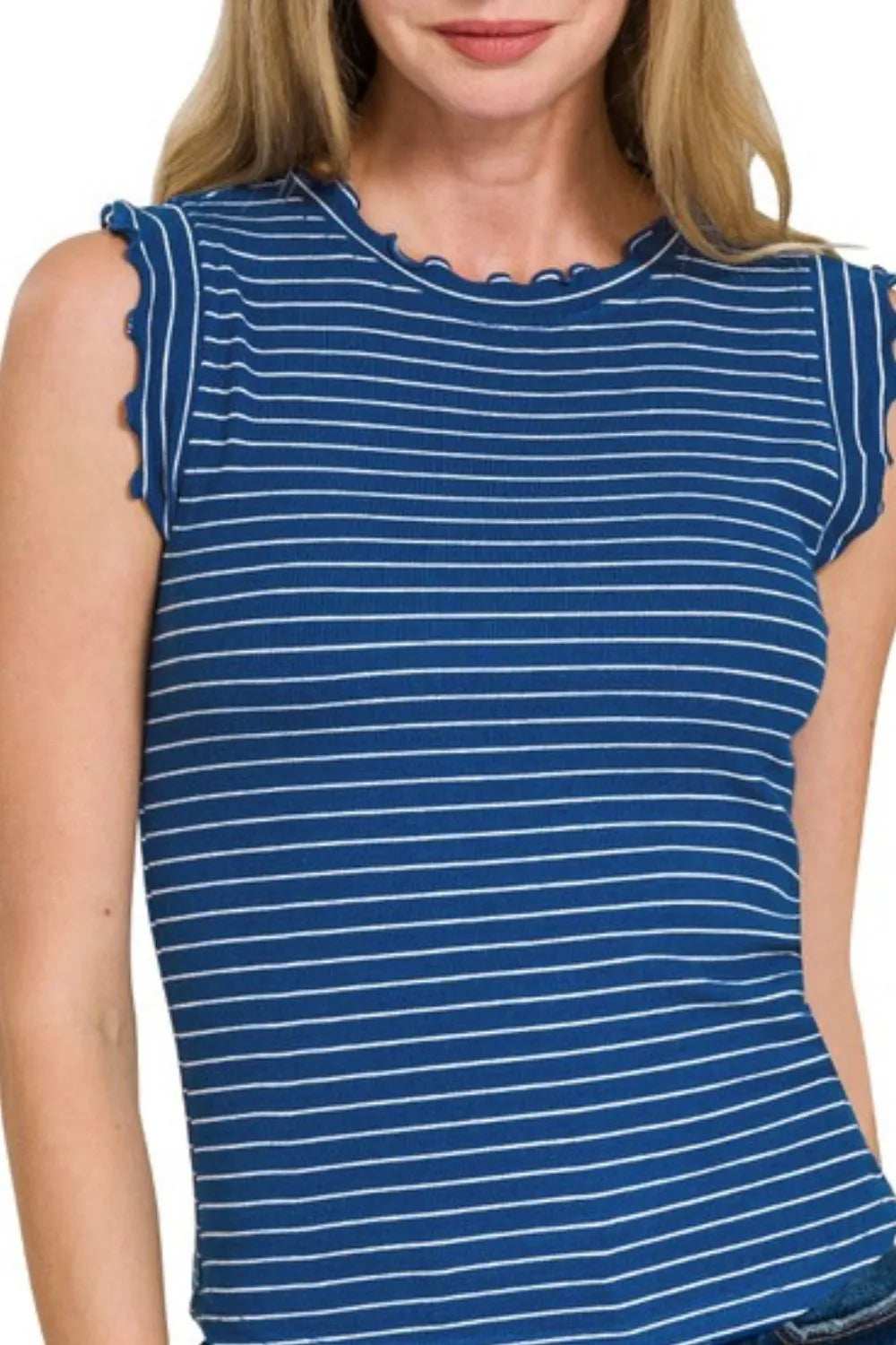 Zenana Ribbed Ruffle Trim Sleeveless Stripe Top - Trendsi - Flyclothing LLC