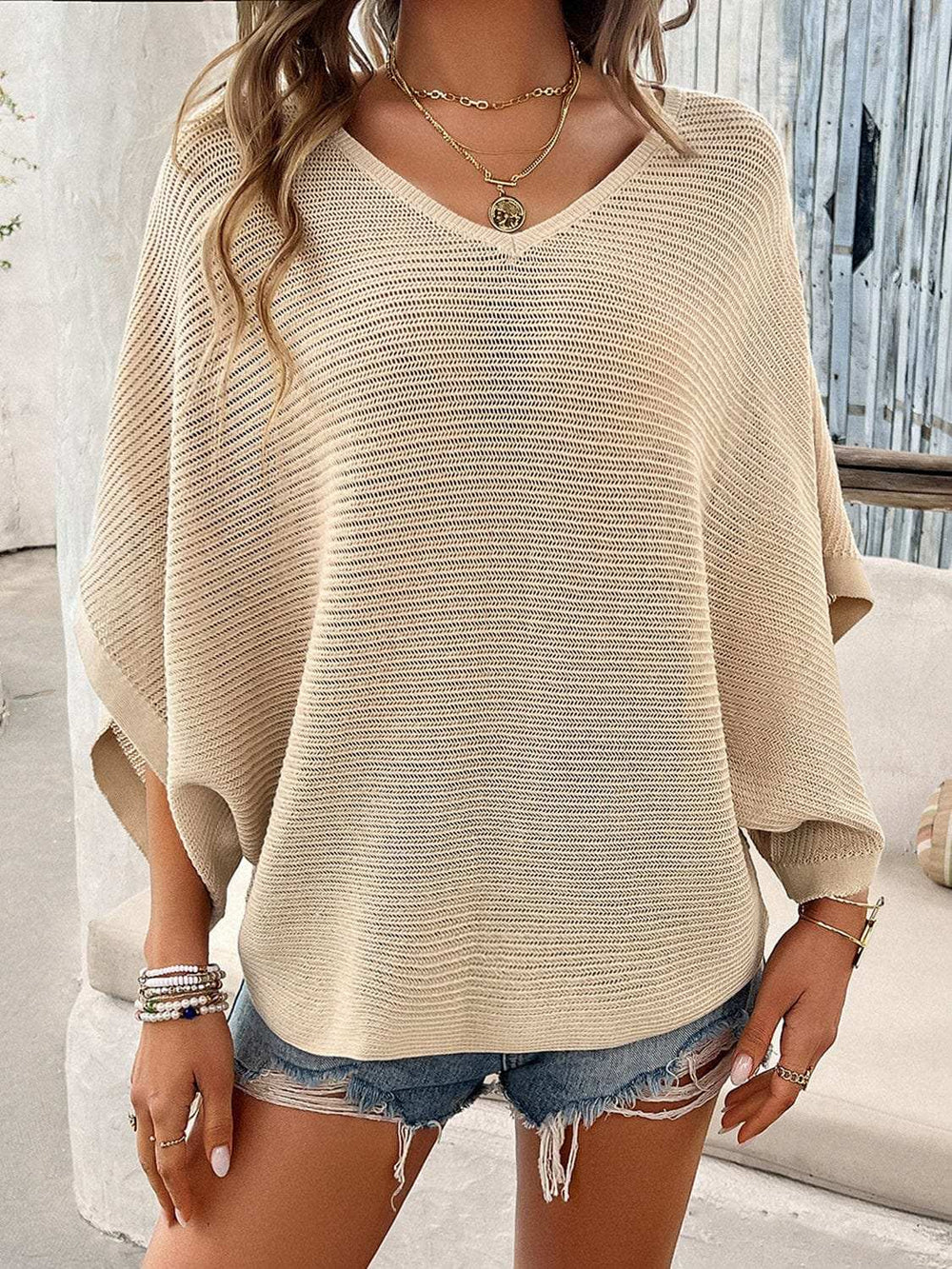 V-Neck Batwing Sleeve Knit Top - Trendsi - Flyclothing LLC