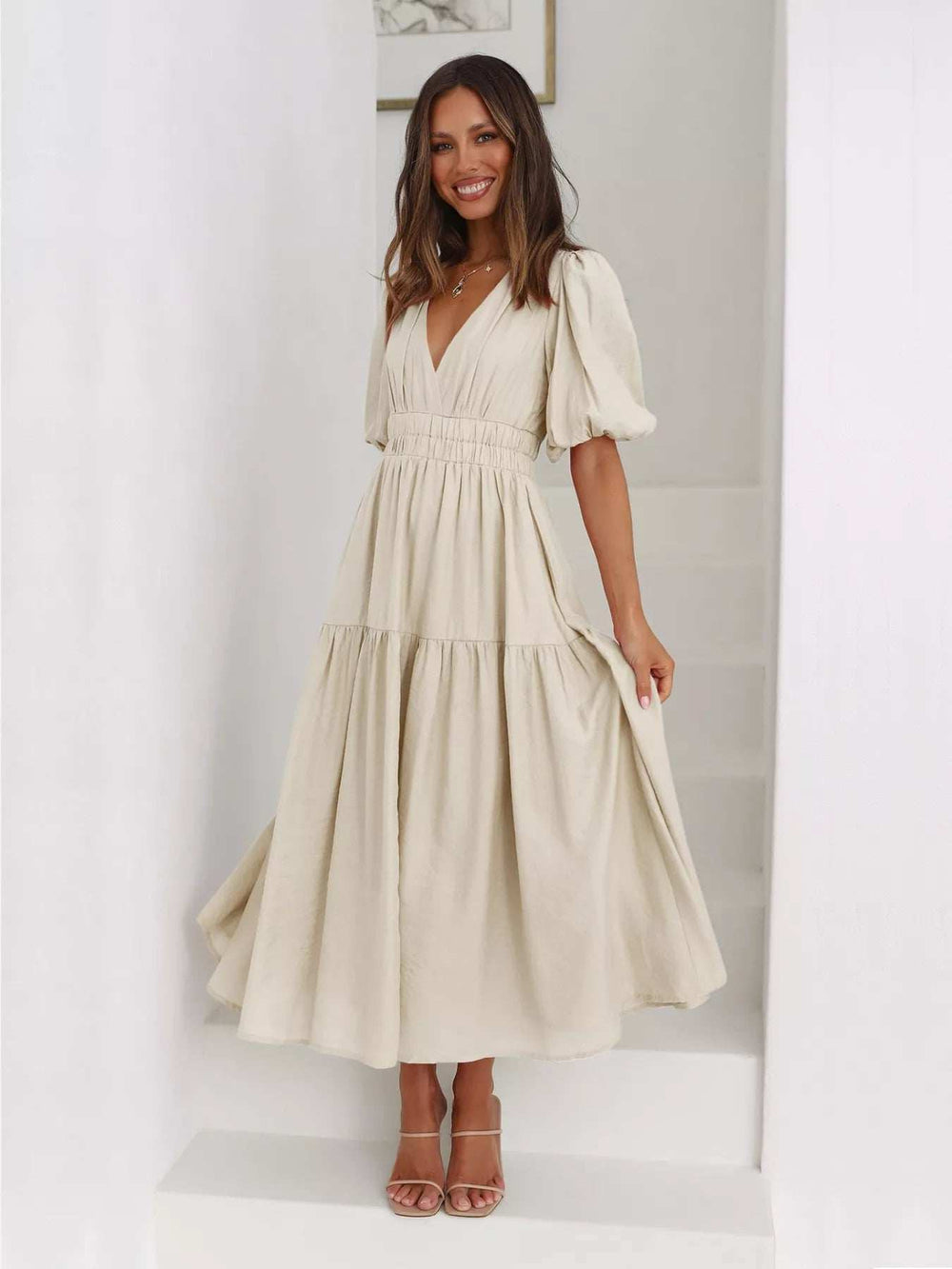 Tiered Puff Sleeve Midi Dress - Trendsi - Flyclothing LLC