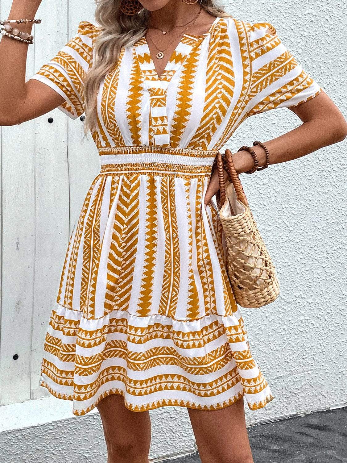Geometric Notched Short Sleeve Mini Dress - Trendsi - Flyclothing LLC
