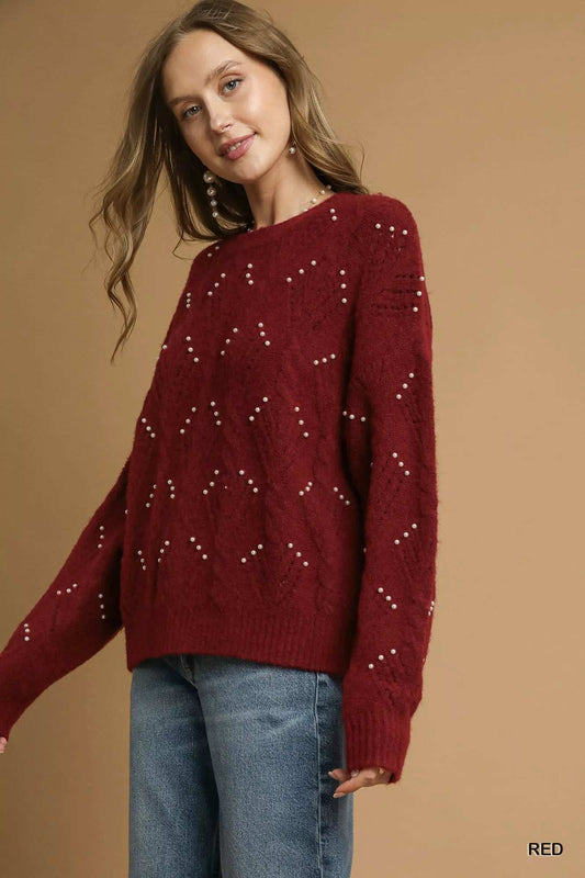 Umgee Pearl-Embellished Long Sleeve Sweater - Trendsi - Flyclothing LLC