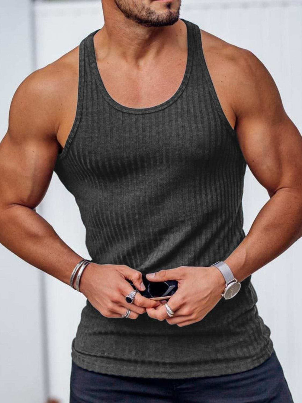 Men's Plus Size Round Neck Wide Strap Tank - Trendsi - Flyclothing LLC