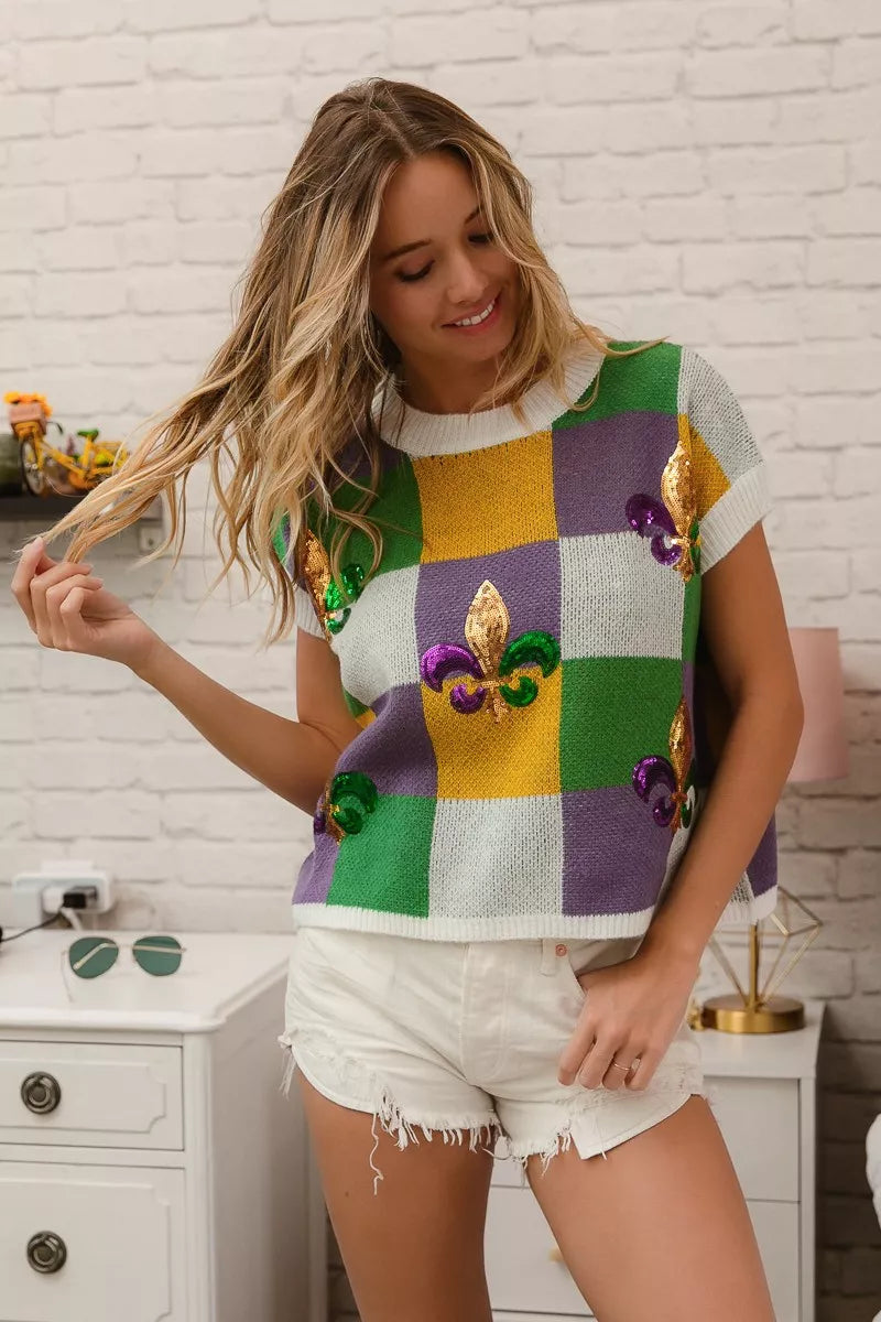 BiBi Sequin Embroidery Mardi Gras Checker Sweater Top - Trendsi - Flyclothing LLC