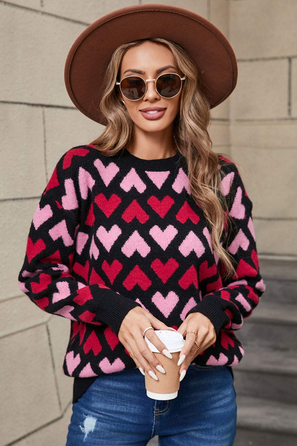 Angel Wings Contrast Heart Round Neck Sweater - Trendsi - Flyclothing LLC