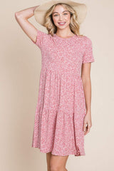 BOMBOM Printed Short Sleeve Mini Dress - Trendsi - Flyclothing LLC