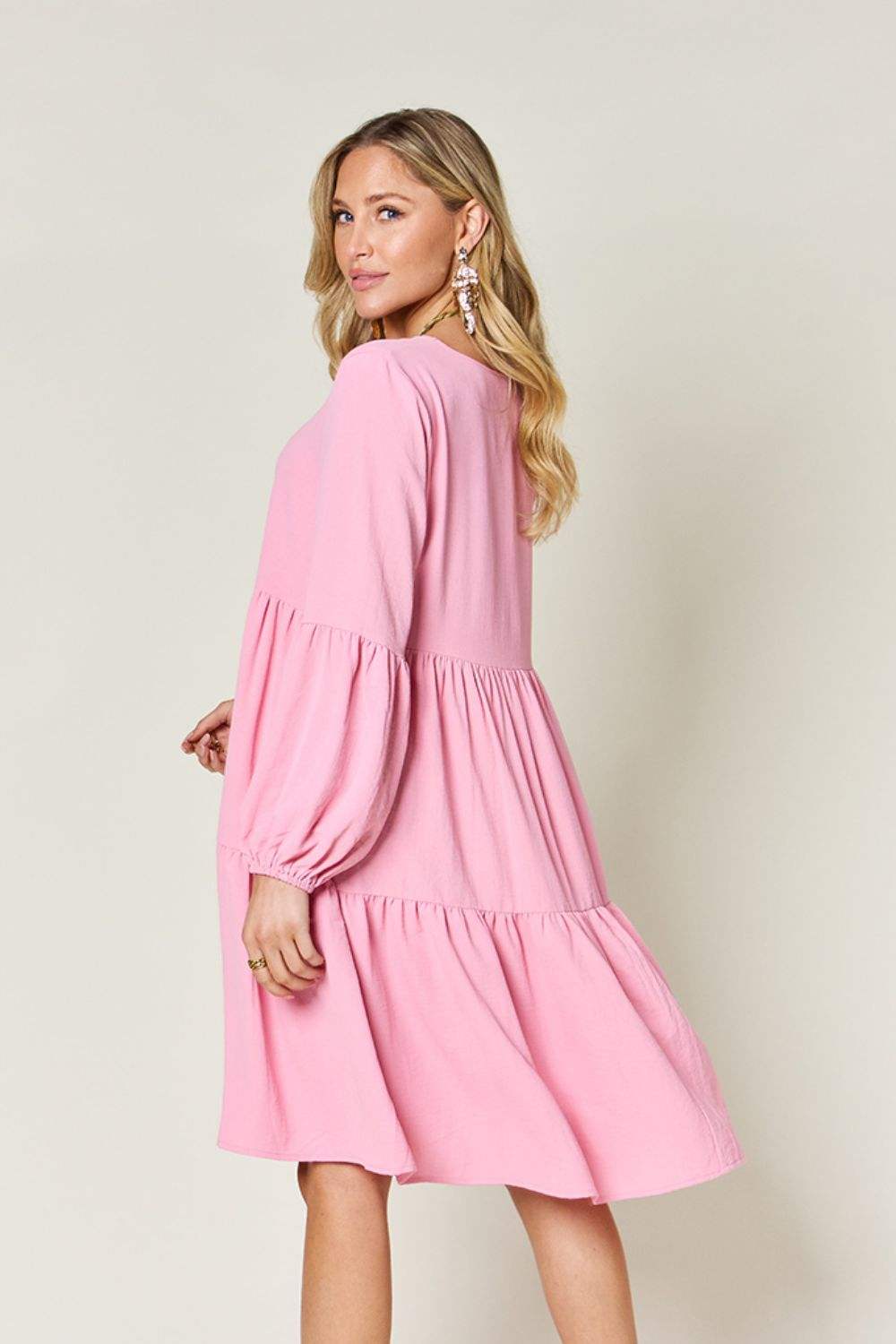 Double Take Full Size V-Neck Balloon Sleeve Tiered Dress - Trendsi - Flyclothing LLC