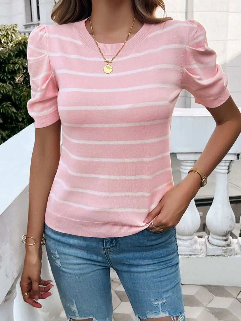 Striped Round Neck Puff Sleeve Knit Top - Trendsi - Flyclothing LLC