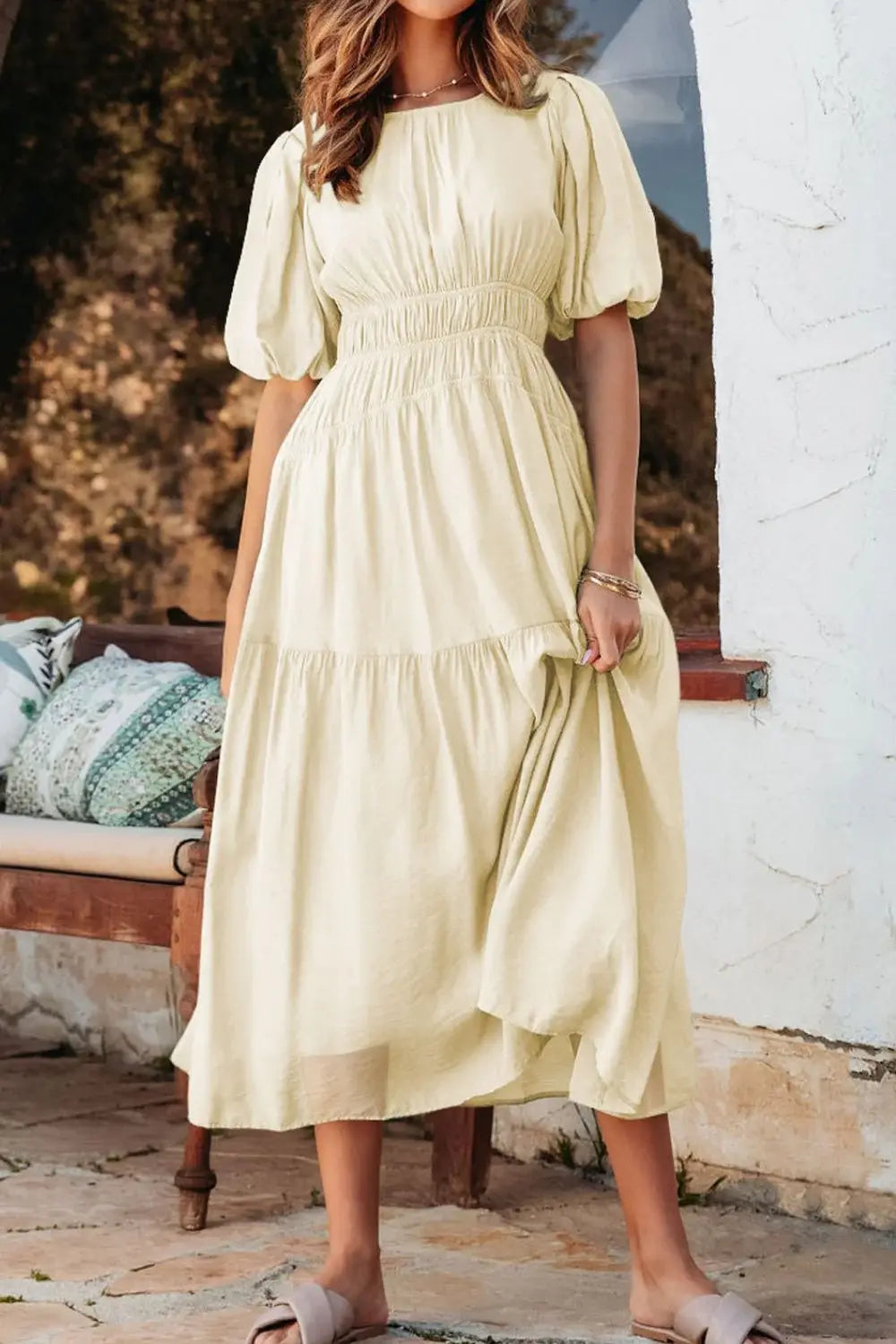 Puff Sleeve Pleated High Waist Flowy Midi Dress - Trendsi - Flyclothing LLC