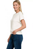 Zenana Round Neck Banded Botton Short Sleeve Sweater - Trendsi - Flyclothing LLC