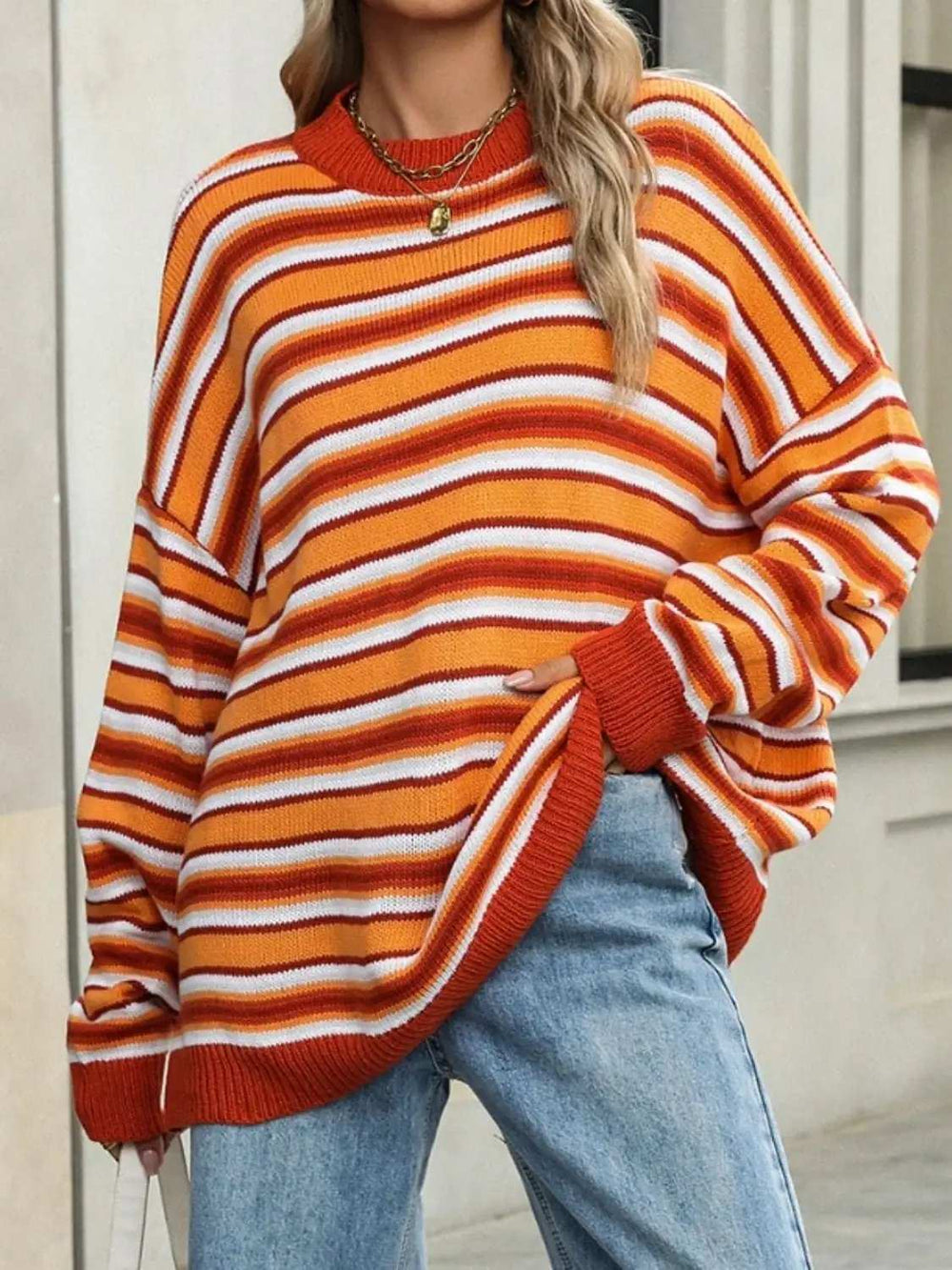 Striped Mock Neck Long Sleeve Sweater - Trendsi - Flyclothing LLC