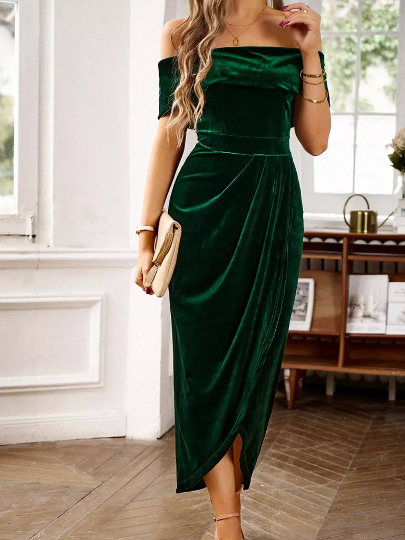 Velvet Off-Shoulder Ruched Midi Dress - Trendsi - Flyclothing LLC