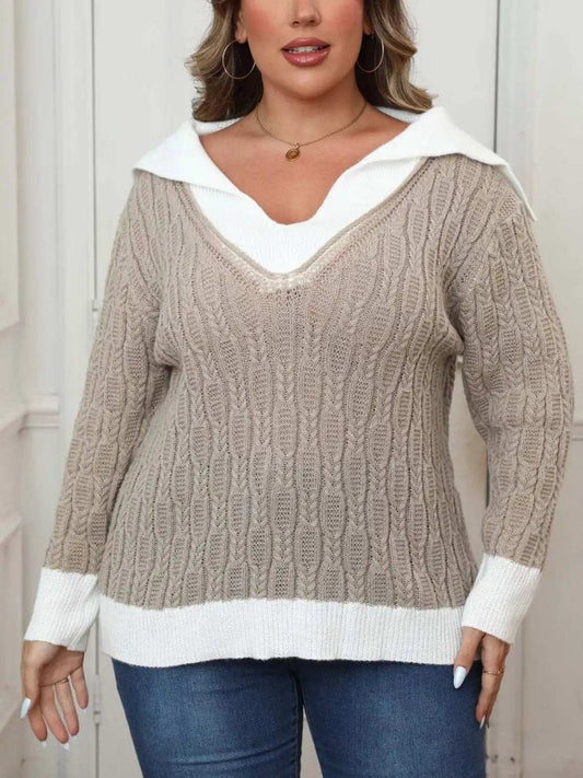 Plus Size Contrast Trim Collared Neck Sweater - Trendsi - Flyclothing LLC