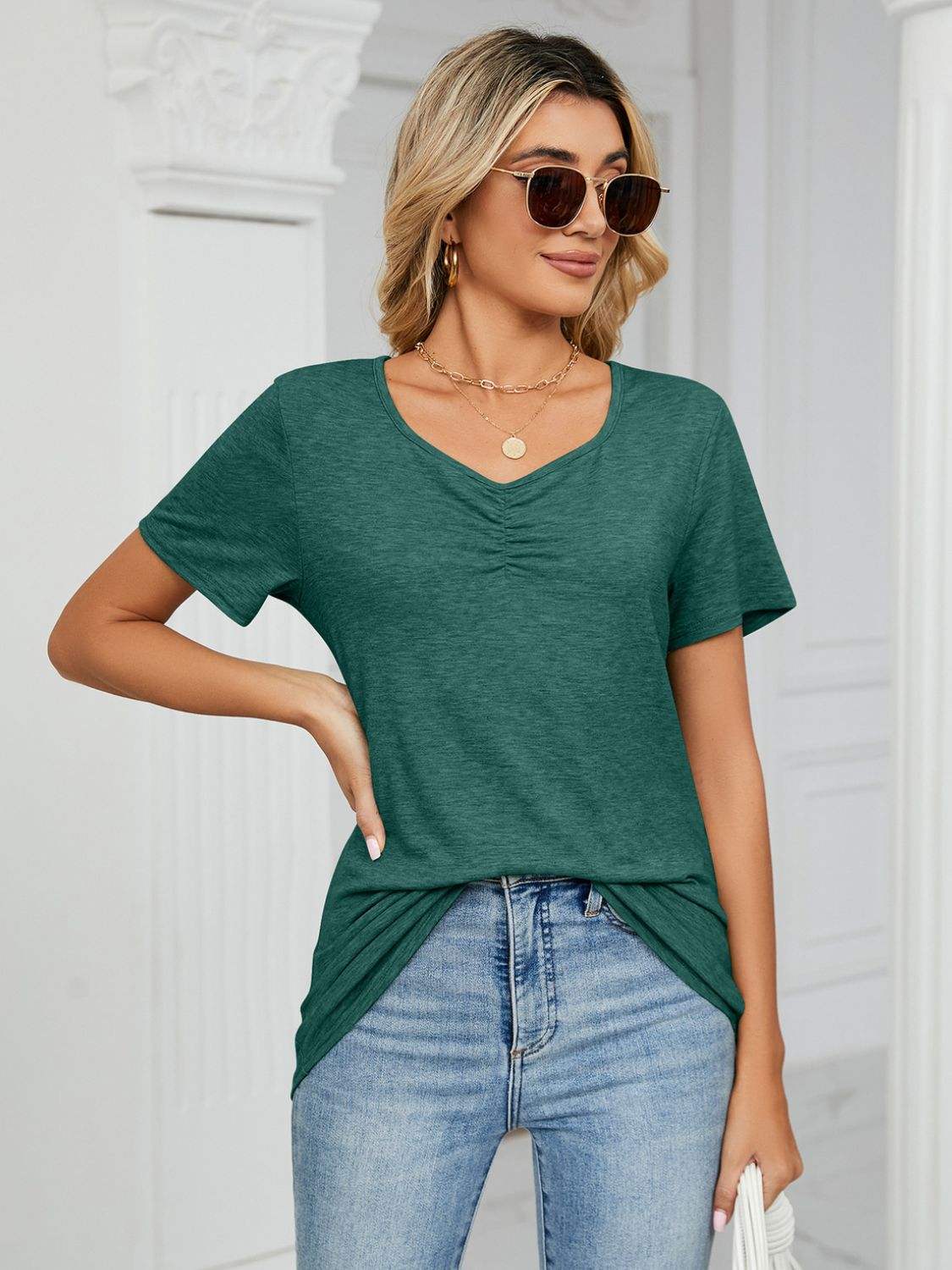 Ruched V-Neck Short Sleeve T-Shirt - Trendsi - Flyclothing LLC