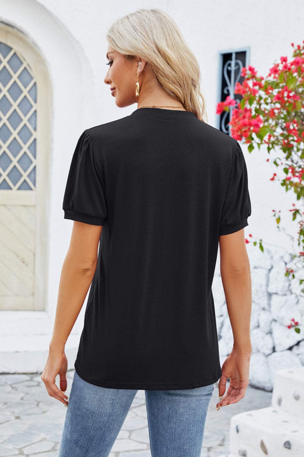 Notched Short Sleeve T-Shirt - Trendsi - Flyclothing LLC