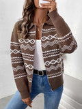 Perfee Geometric Zip Up Collared Neck Long Sleeve Cardigan - Trendsi