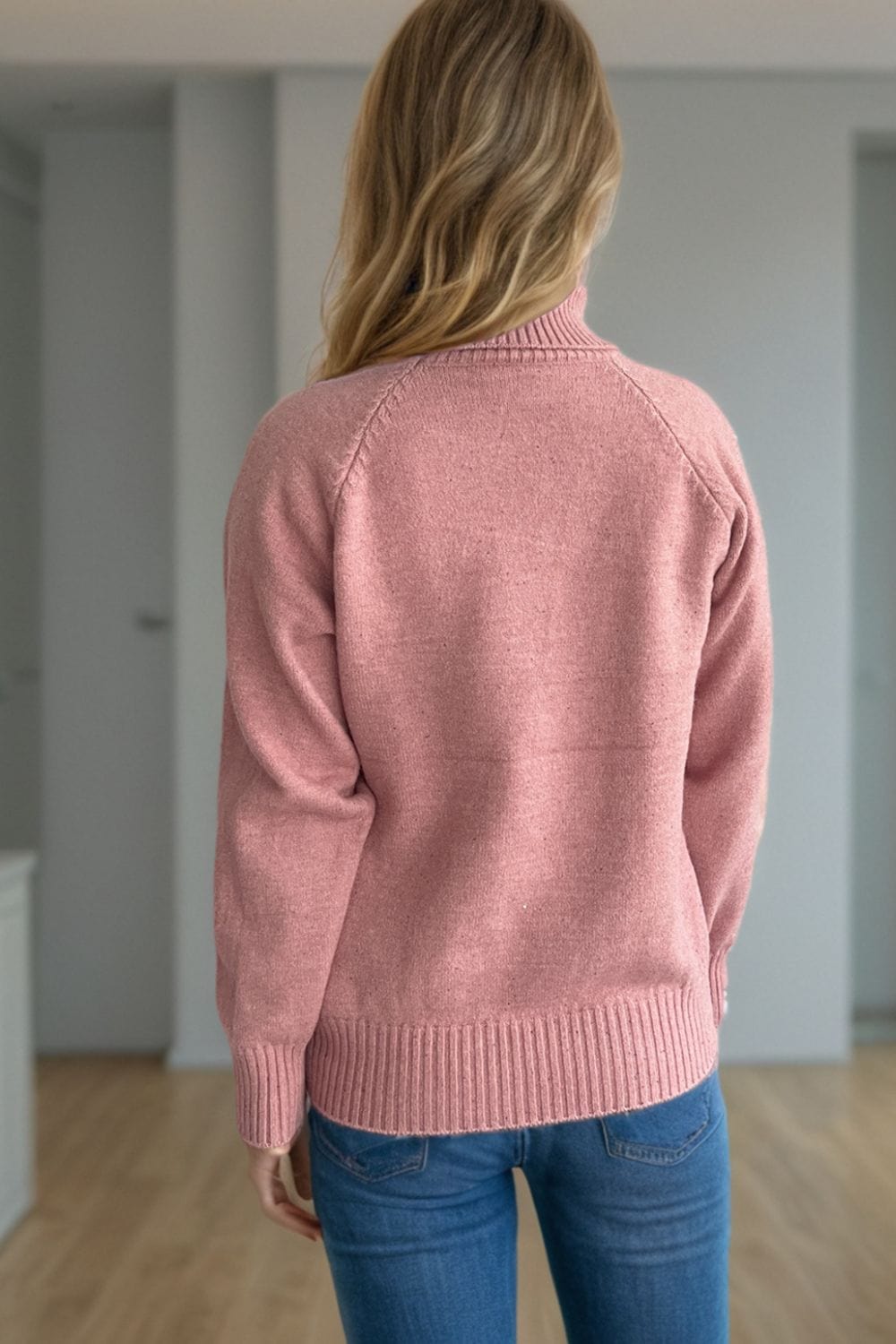 Ribbed Turtleneck Raglan Sleeve Sweater - Trendsi
