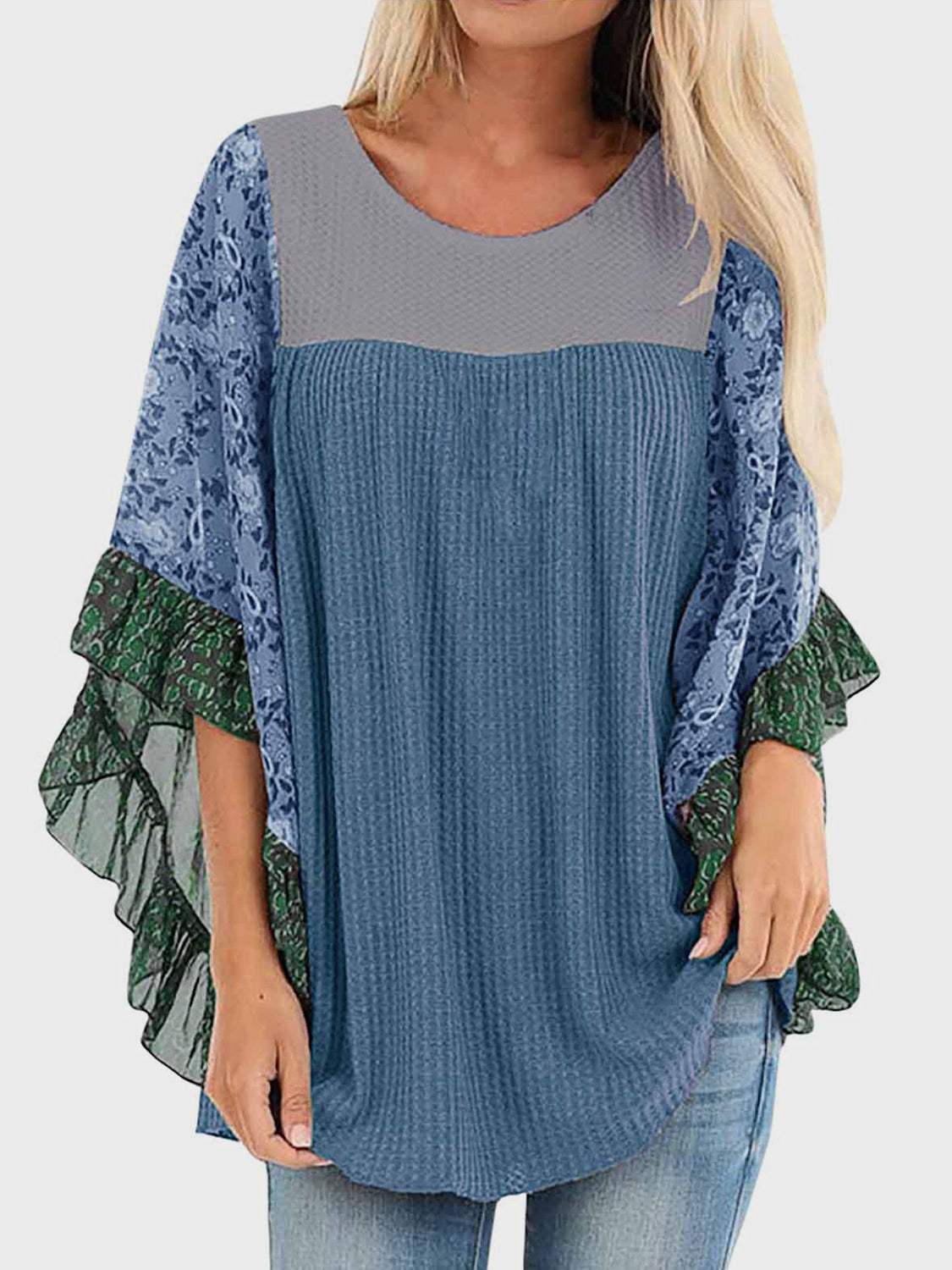 Full Size Printed Round Neck Three-Quarter Sleeve Blouse - Trendsi - Flyclothing LLC