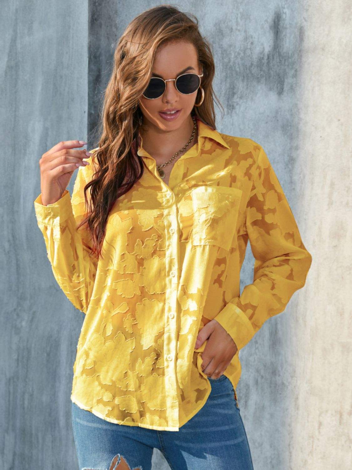 Full Size Collared Neck Long Sleeve Shirt Plus Size - Trendsi - Flyclothing LLC