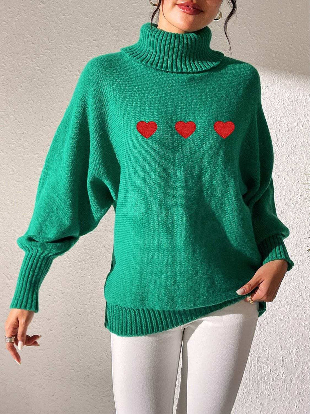 Heart Turtleneck Long Sleeve Sweater - Trendsi - Flyclothing LLC