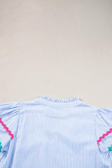 Striped Notched Short Sleeve Blouse - Trendsi - Flyclothing LLC