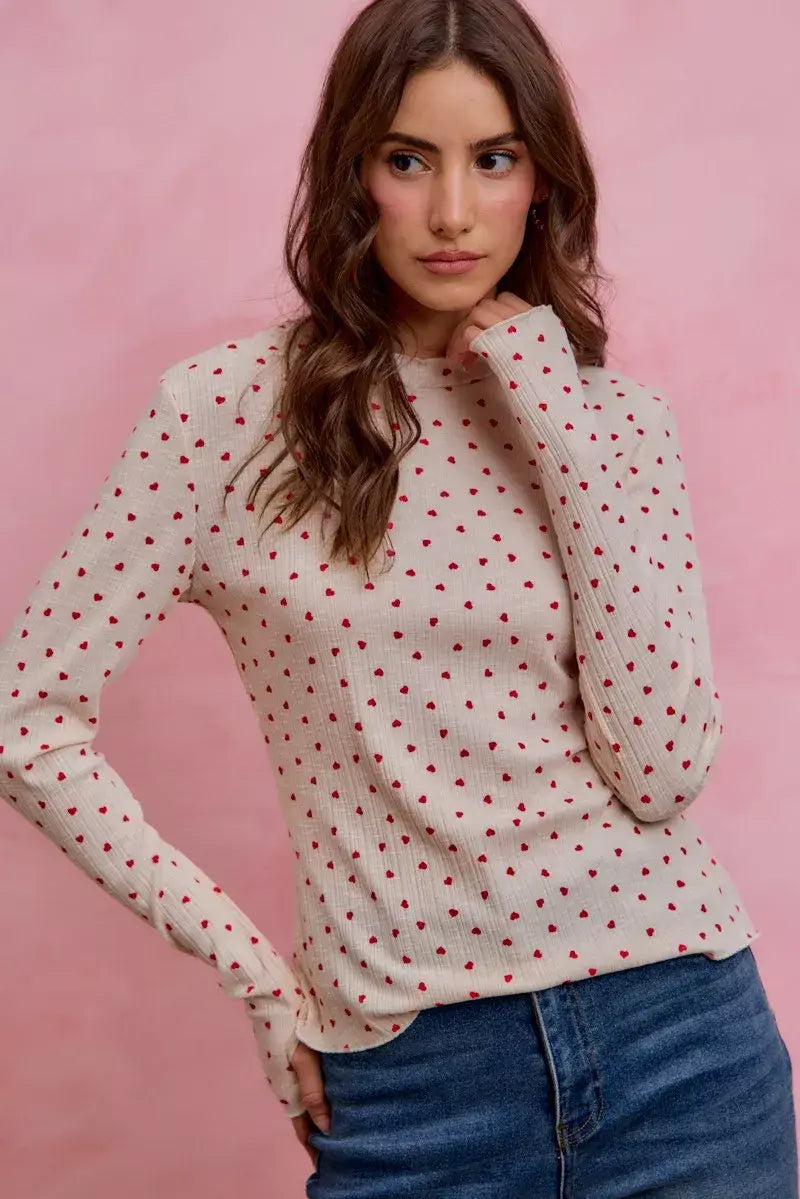 SO ME Ditsy Heart All Over Slub Rib Knit Valentine Top - Trendsi - Flyclothing LLC