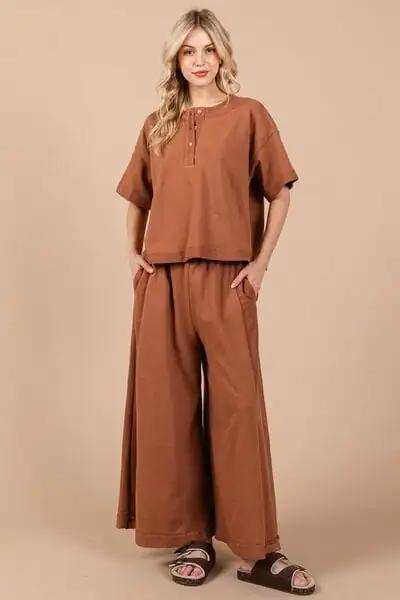 Ces Femme Half Button Half Sleeve Top and Pants Set - Trendsi - Flyclothing LLC