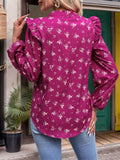 Ruffled Printed Notched Long Sleeve Blouse - Trendsi
