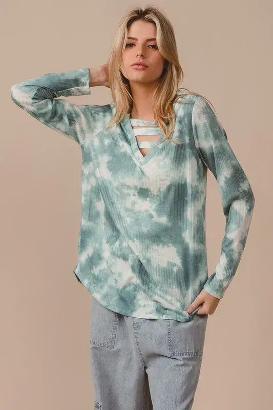 BiBi Variegated Tie Dye Rib V-Neck Top with Strapped - Trendsi - Flyclothing LLC