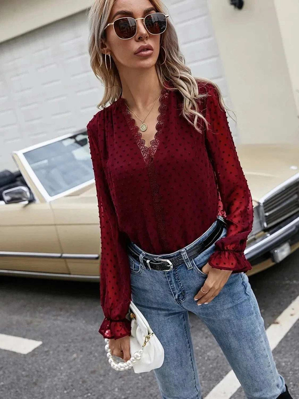 Lace Detail V-Neck Swiss Dot Blouse - Trendsi - Flyclothing LLC