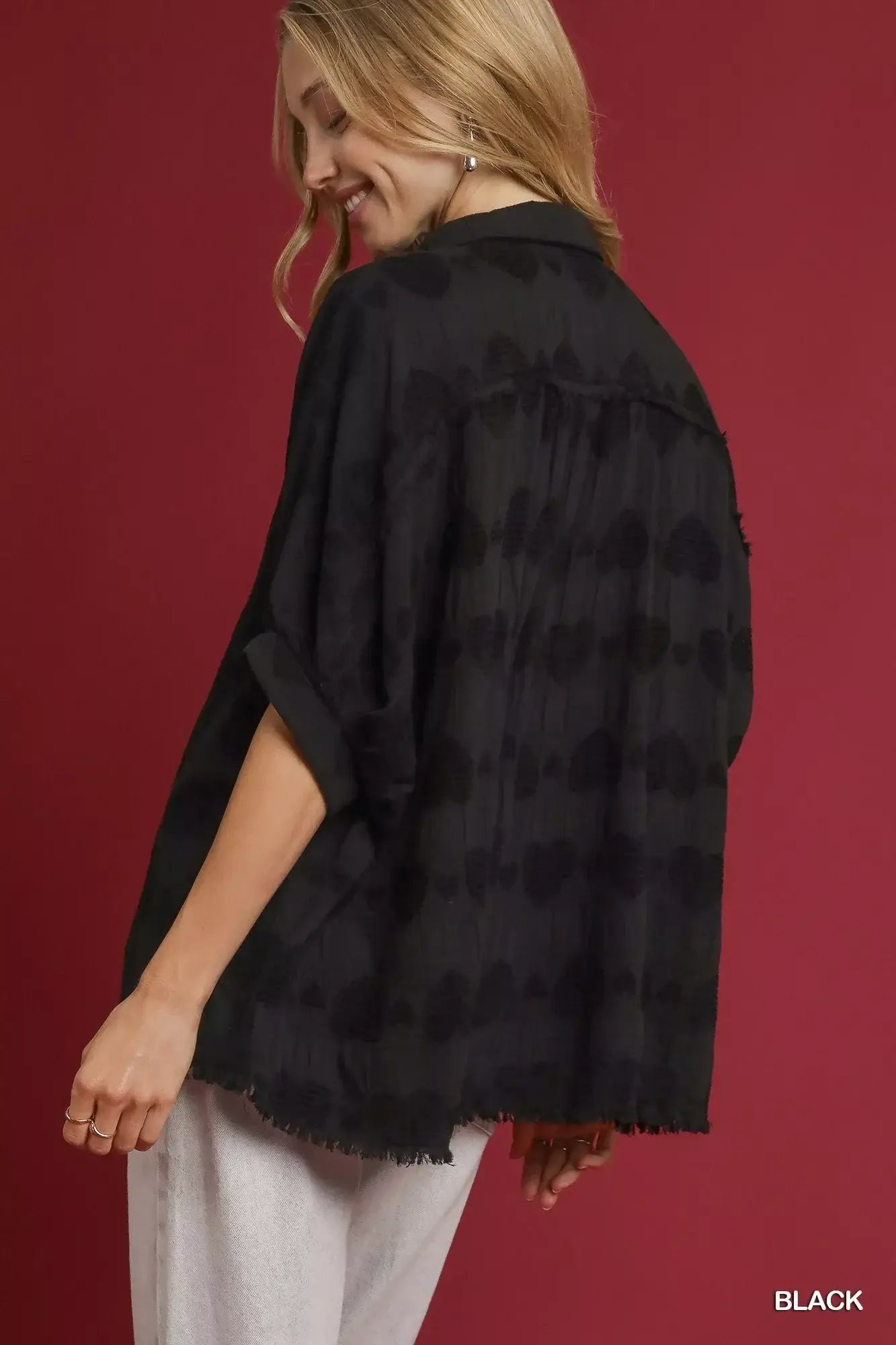 Umgee Jacquard Heart Collared Shirt - Trendsi - Flyclothing LLC