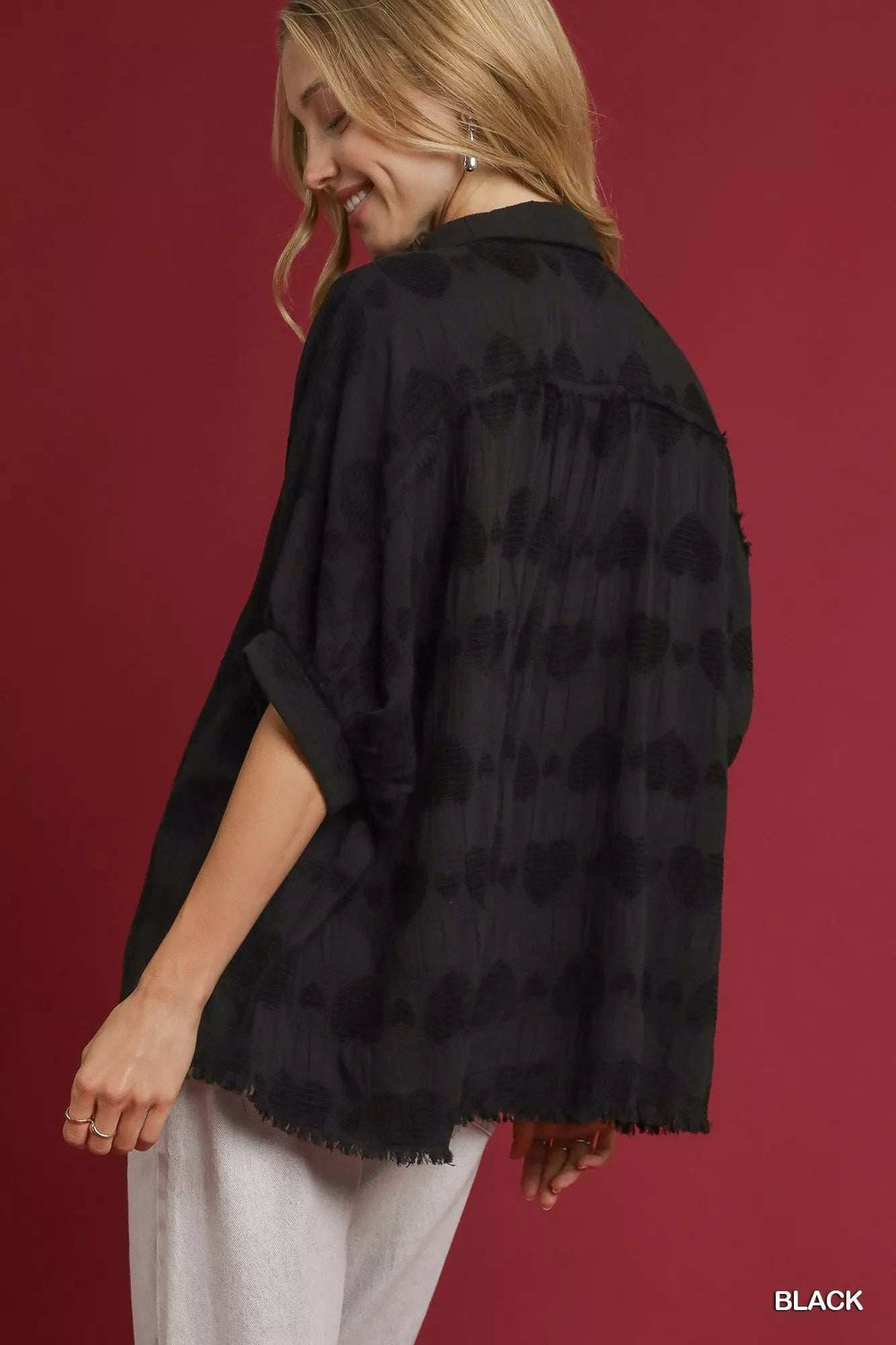 Umgee Jacquard Heart Collared Shirt - Trendsi - Flyclothing LLC