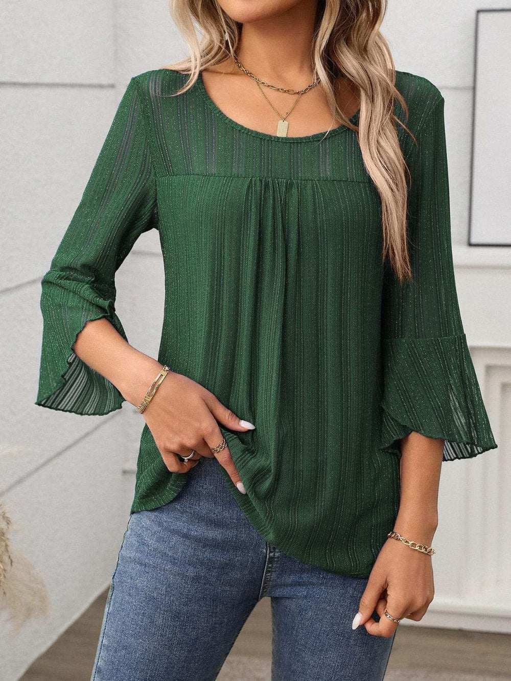 Round Neck Three-Quarter Sleeve Top - Trendsi - Flyclothing LLC