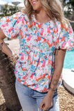 Printed Round Neck Puff Sleeve Blouse - Trendsi - Flyclothing LLC
