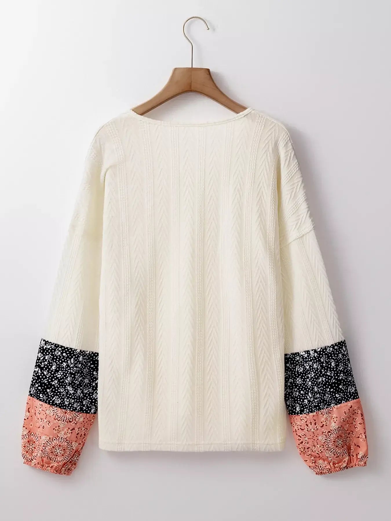 Floral Patchwork Textured Knit Drawstring V Neck Blouse - Trendsi - Flyclothing LLC