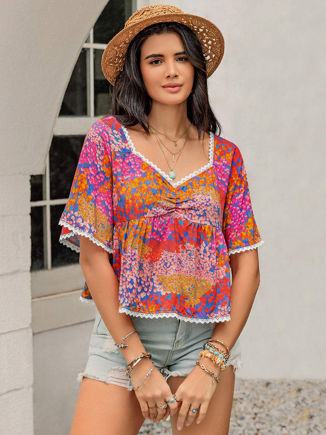 Ruched Printed Half Sleeve Blouse - Trendsi - Flyclothing LLC