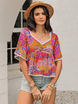 Ruched Printed Half Sleeve Blouse - Trendsi - Flyclothing LLC