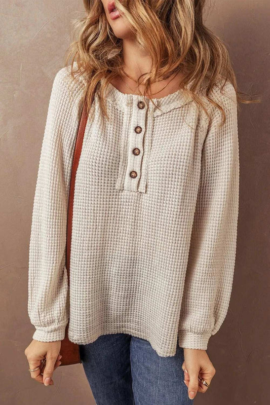 Waffle-Knit Half Button Round Neck Long Sleeve Top - Trendsi - Flyclothing LLC