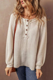 Waffle-Knit Half Button Round Neck Long Sleeve Top - Trendsi - Flyclothing LLC