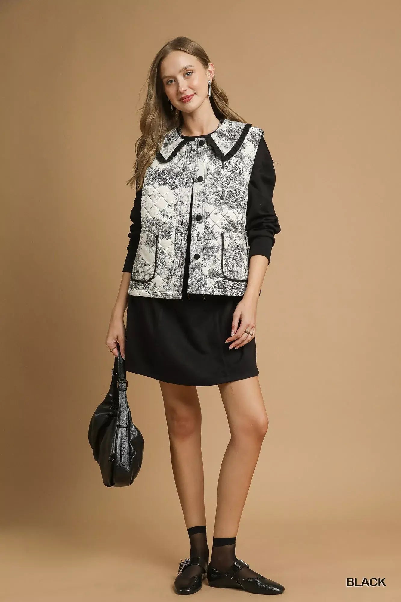 Umgee Toile Quilted Vest with Ruffle Collar - Trendsi - Flyclothing LLC