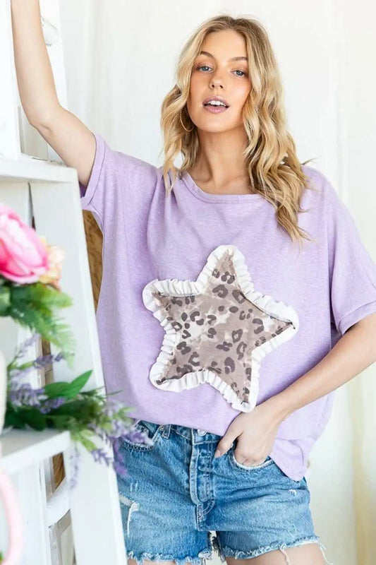 HOPELY Leopard Star Patch Short Sleeve T-Shirt - Trendsi - Flyclothing LLC