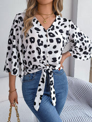 Tied Button Up Leopard V-Neck Blouse Trendsi