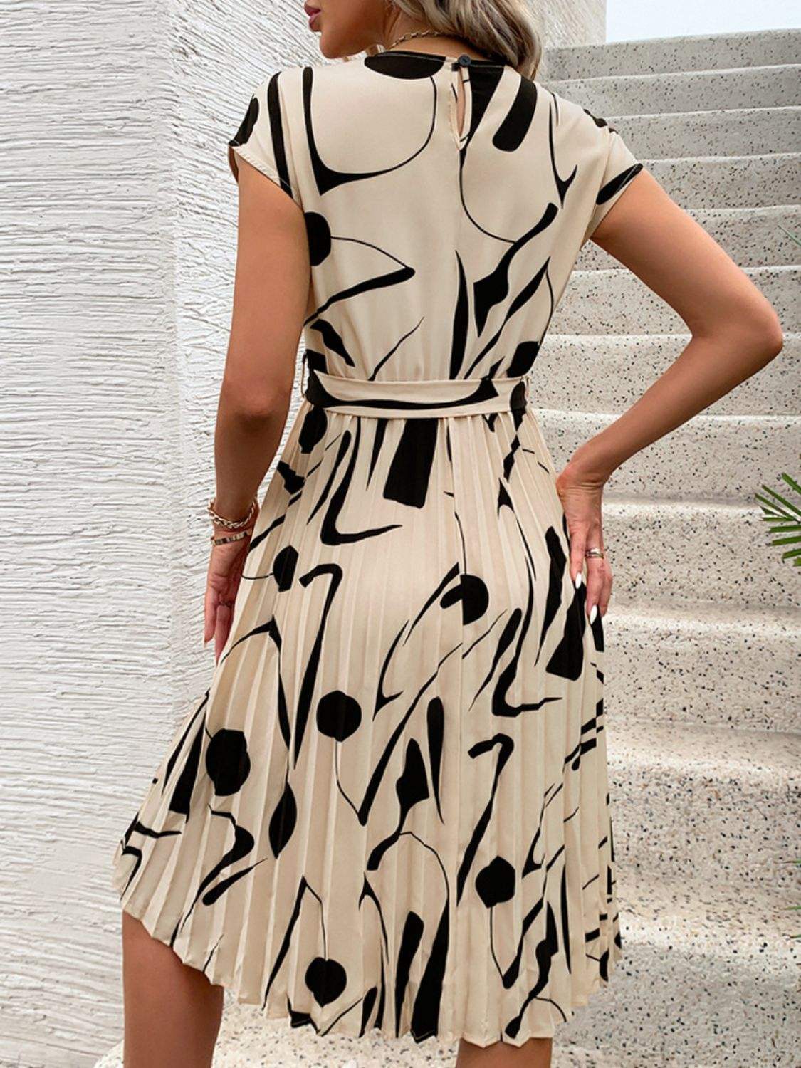 Tied Pleated Printed Cap Sleeve Dress - Trendsi - Flyclothing LLC