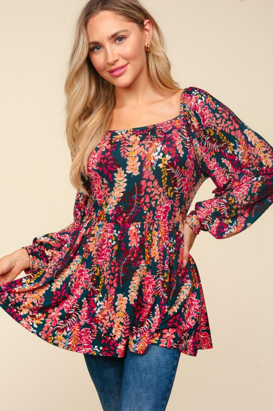 Haptics Full Size Peplum Floral Square Neck Blouse - Trendsi
