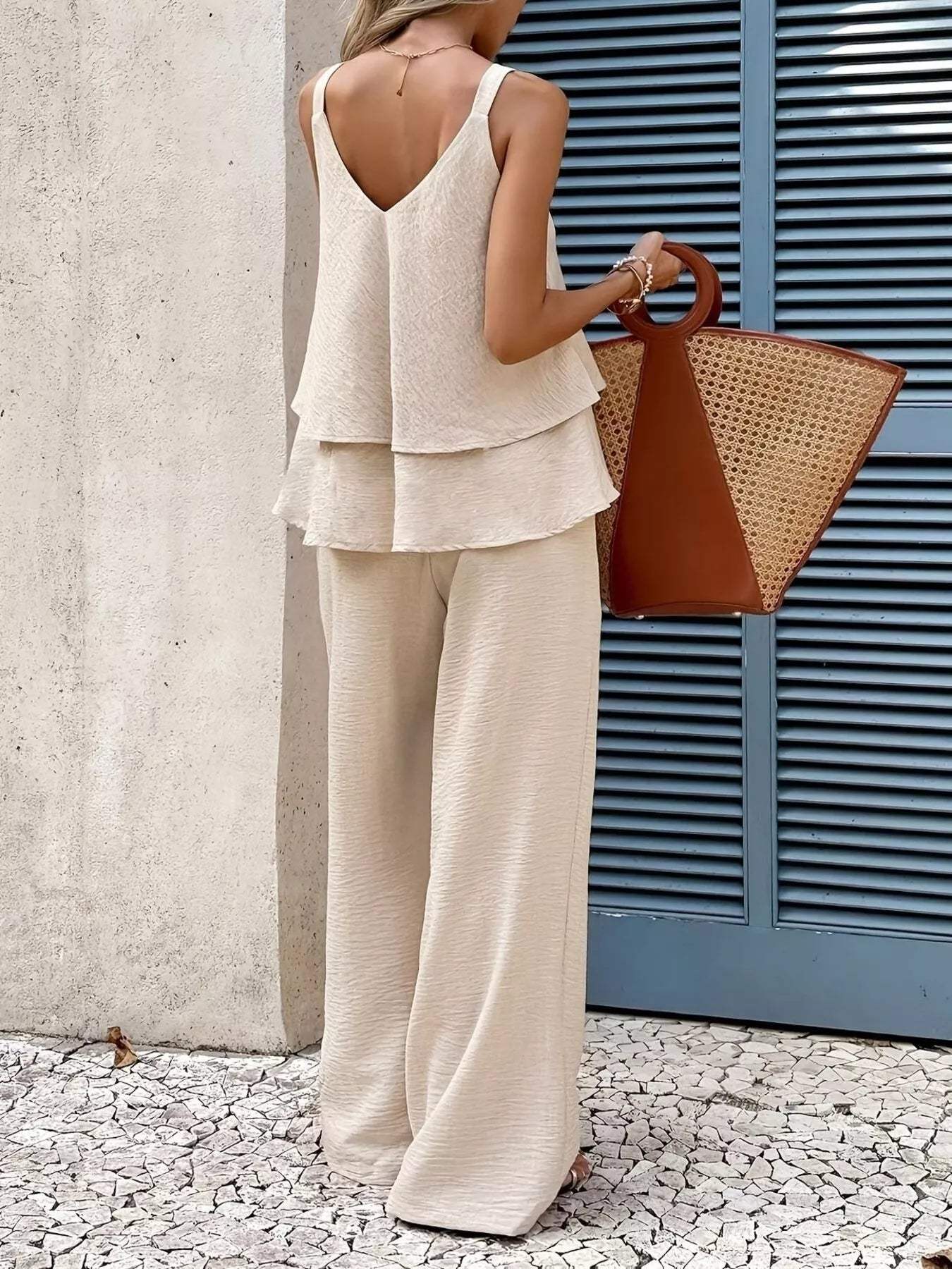 V-Neck Top and Wide-Leg Pants Set - Trendsi - Flyclothing LLC