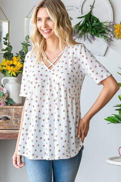 Heimish Full Size Crisscross Ditsy Floral Babydoll Top Plus Size - Trendsi - Flyclothing LLC