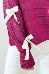 Bow Cutout Round Neck Long Sleeve Knit Top - Trendsi - Flyclothing LLC
