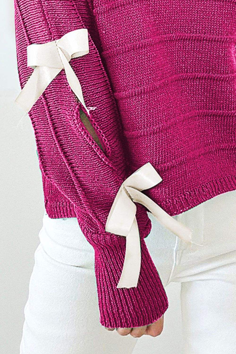Bow Cutout Round Neck Long Sleeve Knit Top - Trendsi - Flyclothing LLC
