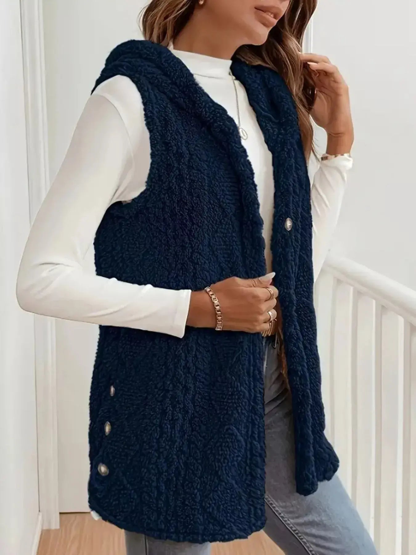 Button Up Plush Hooded Vest Coat - Trendsi - Flyclothing LLC